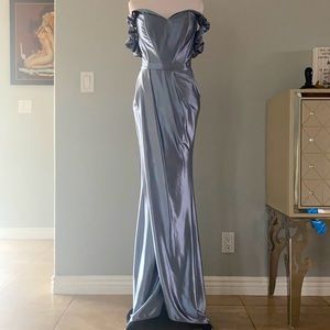 Cest La Vie Couture Evening Gown in Powder Blue Silk Off Shoulder with Train